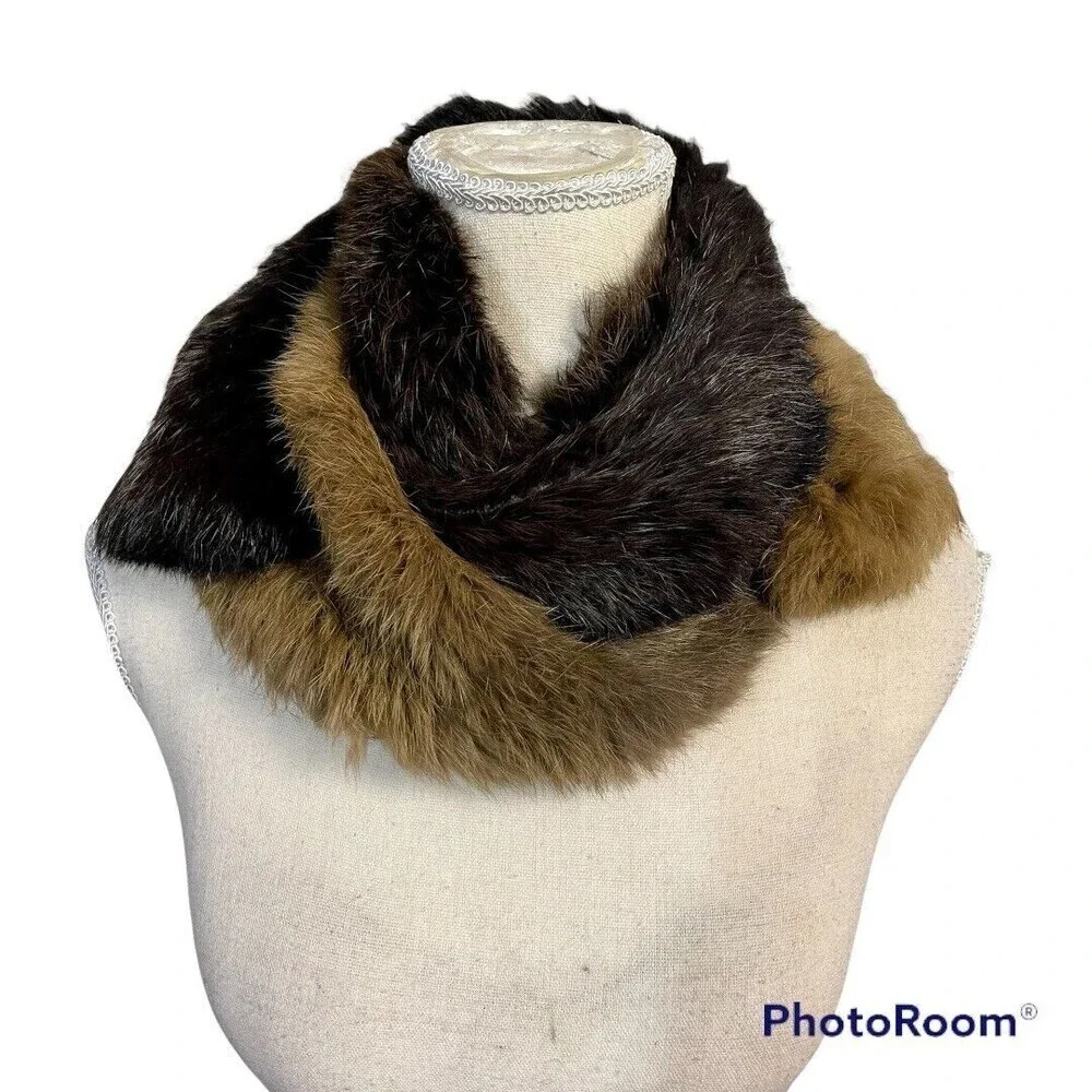 Jocelyn Fur Rabbit Fur Knitted Scarf Brown Infinity two tone